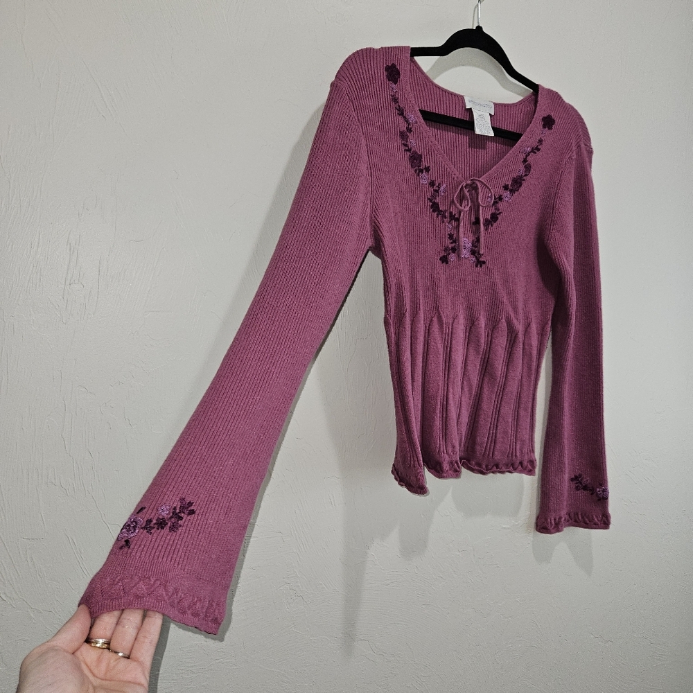 Y2K Sweater Embroidered Floral Vintage Fairycore Ribbed Knit Large Whimsy - Picture 3 of 13